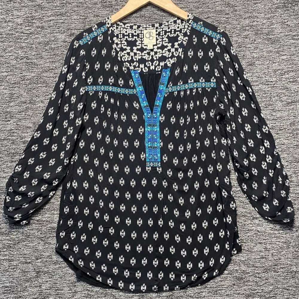 One September Anthropologie Printed Tunic Top Womens XL Blue Embroidered Boho